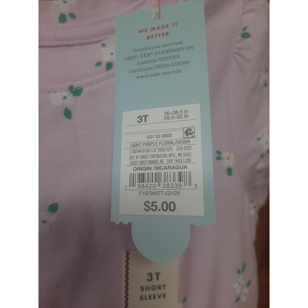 NWT Cat & Jack Girls Toddler‎ Size 3T Pink T-shirt White Flowers Green Leaves